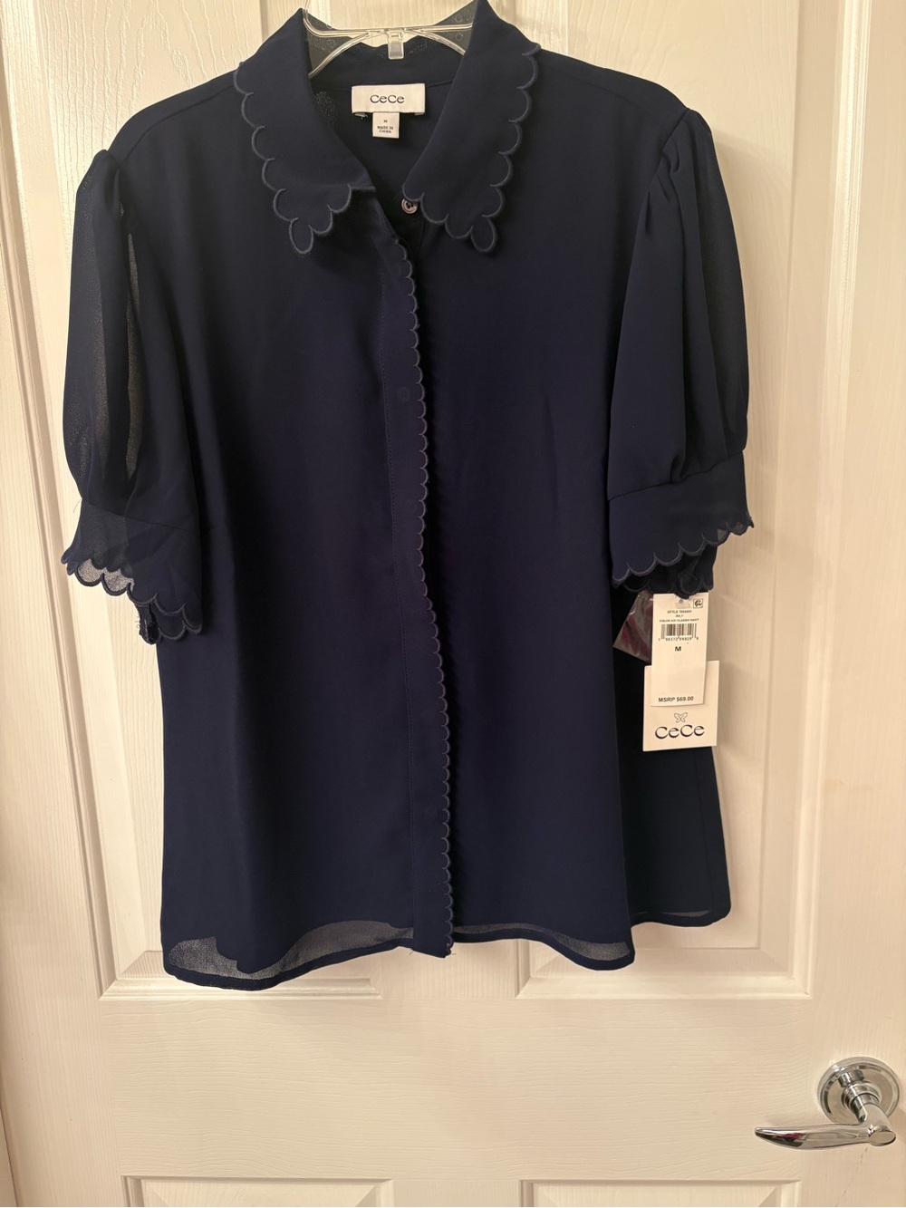 CeCe Navy Scalloped Short Sleeve Button-Front Blouse.
